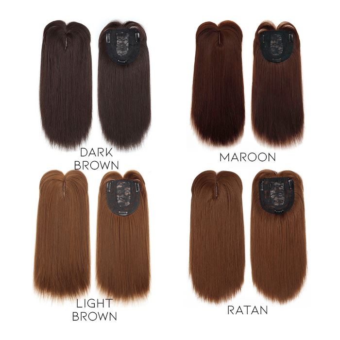 Medium Long Clip-in Hair Topper with bangs Morning Shades Dark Brown 