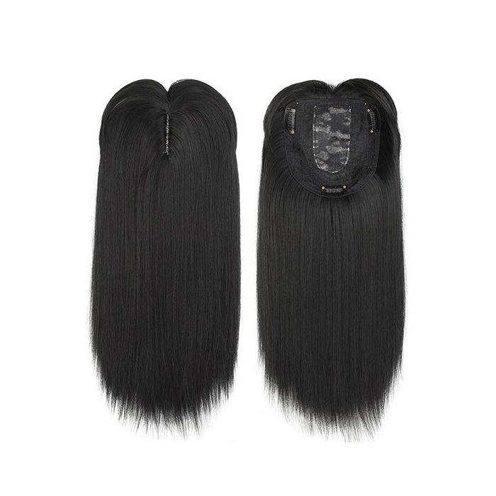 Medium Long Clip-in Hair Topper with bangs Morning Shades Pure Black 
