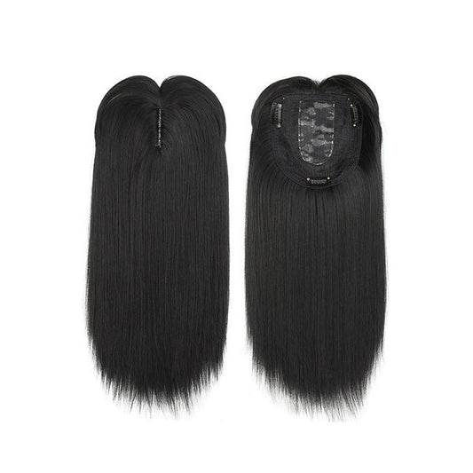 Medium Long Clip-in Hair Topper with bangs Morning Shades Pure Black 