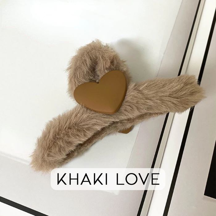Fluffy Heart Hair Claw Clip Hair Pins, Claws & Clips Every Day And Night Khaki Love 