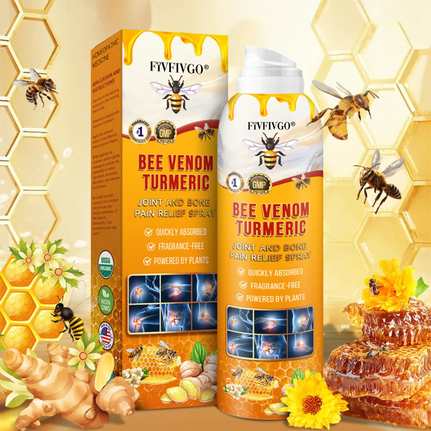 Fivfivgo® Bee Venom and Turmeric Joint and Bone Pain Relief Spray (Specialized in Joint and Arthritis Pain & Recommended by AAOS)