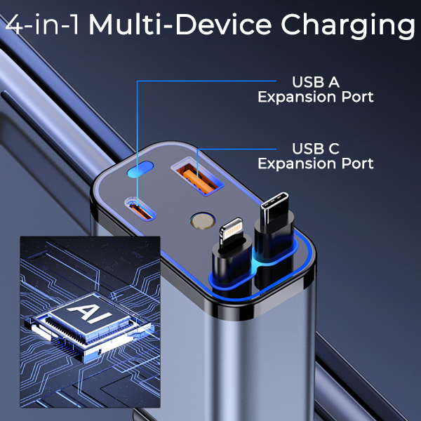 4 in 1 Retractable Car Charger with Starry Lights