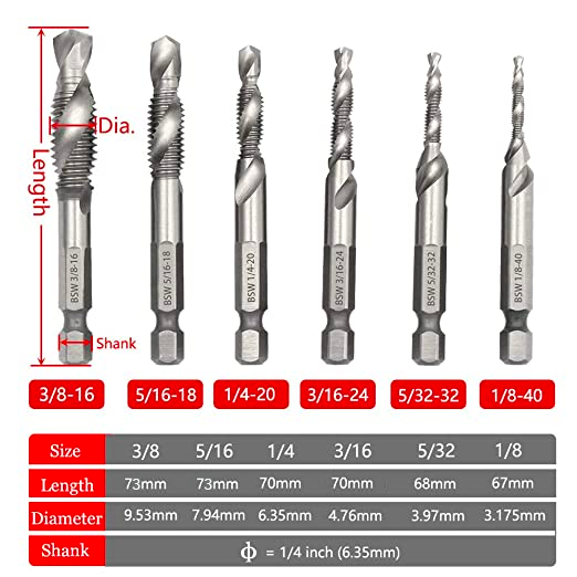 6 Pcs M3-M10 Hex Shank Thread Tap Drill Bits