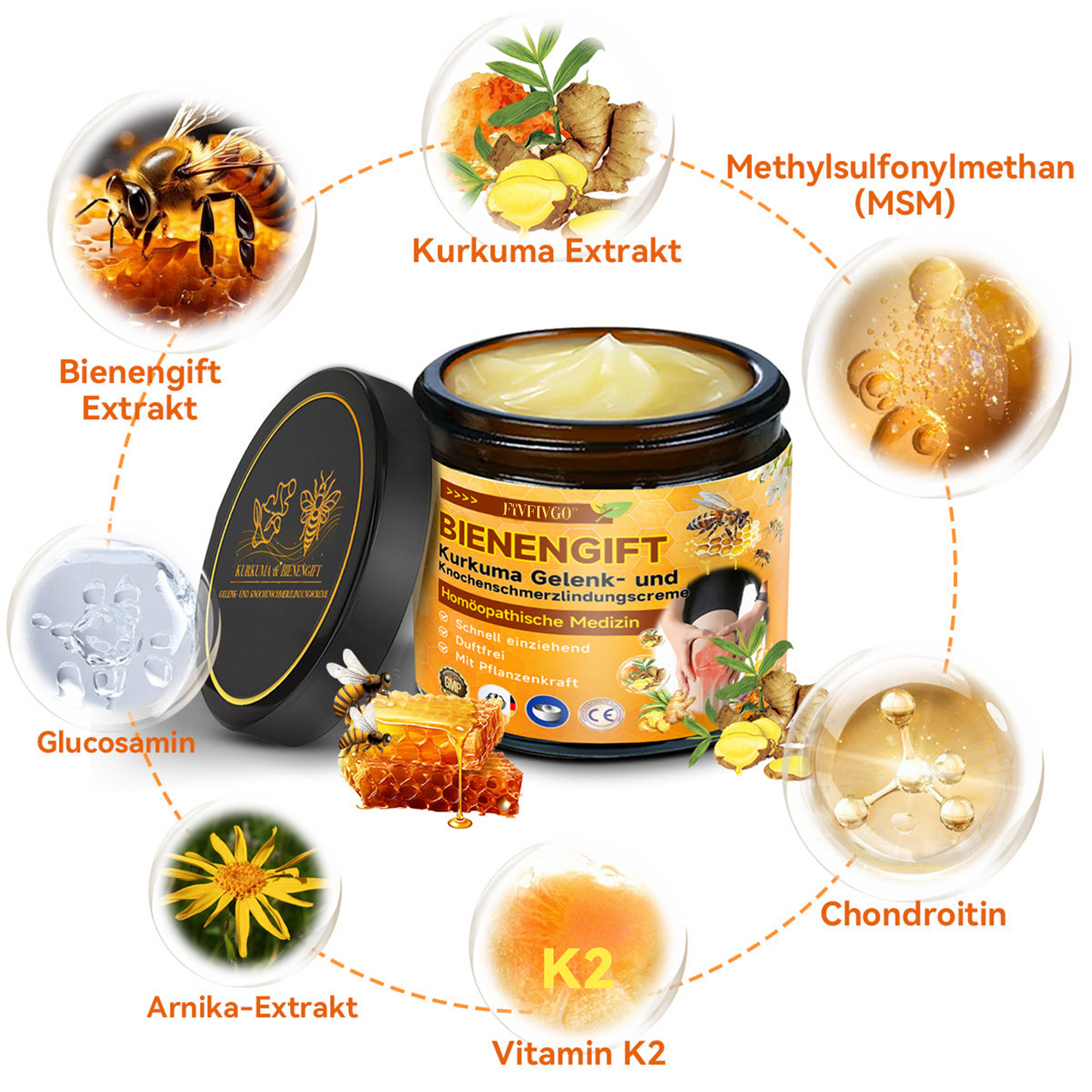 Fivfivgo™ Bienengift- und Kurkuma-Gelenk- und Knochenschmerzlinderungscreme (Spezialisiert auf Gelenk- und Arthritisbeschwerden & empfohlen von der AAOS)