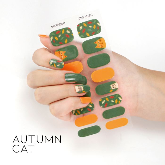 Time Saving Semi-Cured Gel Nail Sticker Nail Every Day And Night Autumn Cat 
