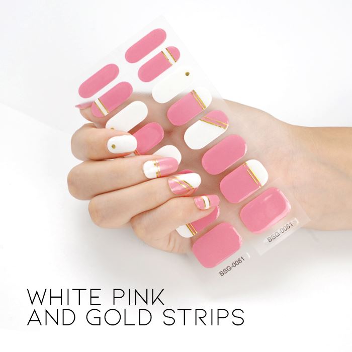Time Saving Semi-Cured Gel Nail Sticker Nail Every Day And Night White Pink and Gold Strips 